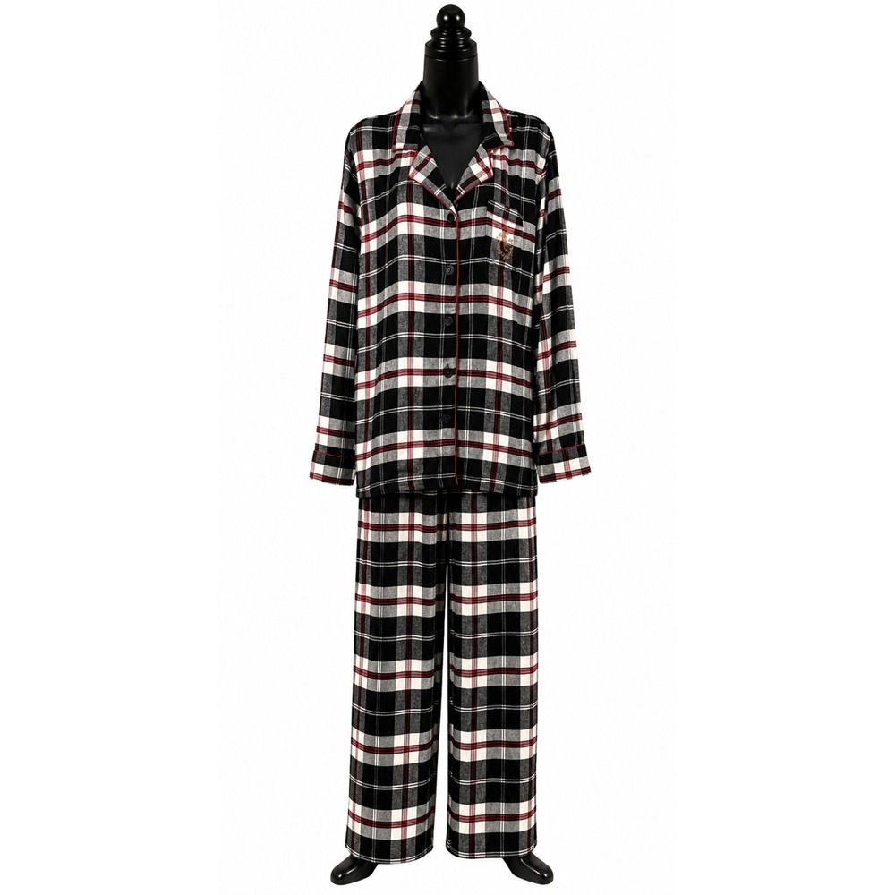 Chaps Ski Valley Lodge Womens Top Pant Pajama Set Large Black Plaid Flannel